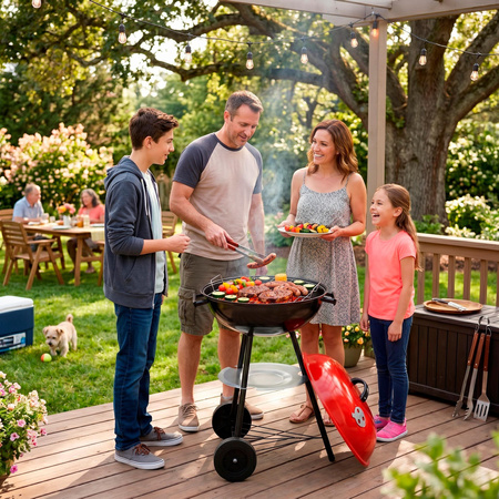 Grill węglowy okrągły, ruszt 41 cm zamykany grill ogrodowy z pokrywą czarno-czerwony