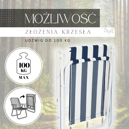 Krzesło składane turystyczne na plażę i do ogrodu niebieskie pasy