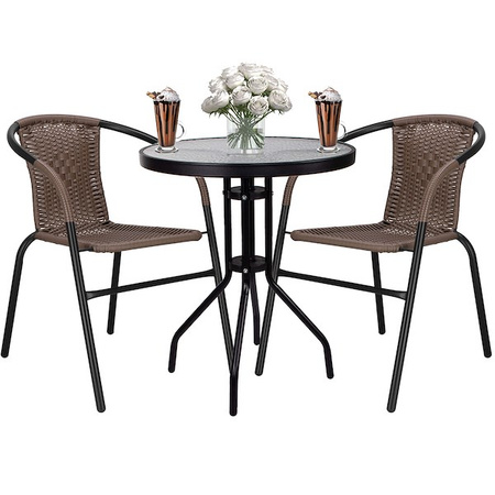Zestaw mebli ogrodowych stół okrągły i 2 krzesła metalowe komplet ogrodowy czarno-brązowy
