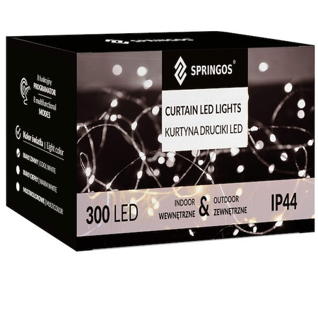 Kurtyna świetlna 300 led lampki choinkowe wewnętrzno-zewnętrzne sople biały zimny + flash