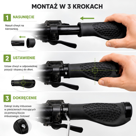 Gripy rowerowe ergonomiczne 22 mm, chwyty do kierownicy z podparciem dłoni, antypoślizgowe, skręcane czarne
