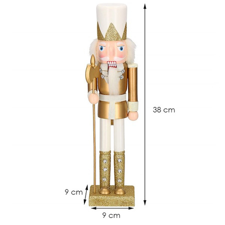 Dziadek do orzechów 38 cm z berłem, ozdoba świąteczna, figurka drewniany żołnierzyk brokatowo złoty