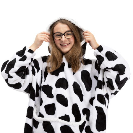 Bluza koc damska 2w1 kocobluza z kapturem ciepła oversize szlafrok futrzak czarno-biała