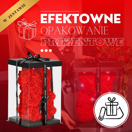 Miś z róż 22 cm czerwony z czarną kokardką miś różany z pudełkiem