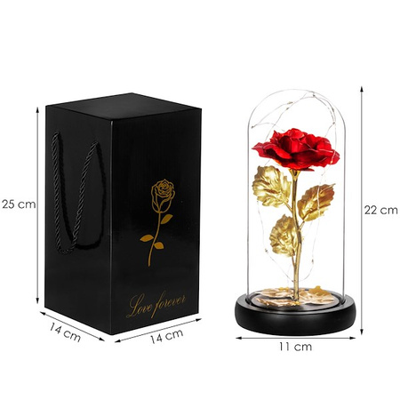 Wieczna róża w kloszu 22 cm świecąca ozdoba LED prezent czerwona