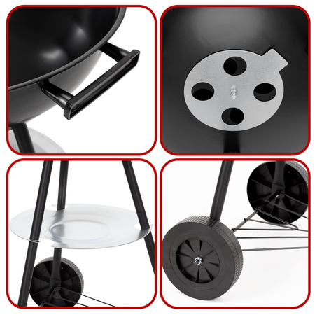 Grill węglowy okrągły, ruszt 41 cm zamykany grill ogrodowy z pokrywą czarno-czerwony