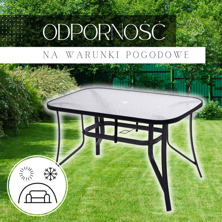 Stół ogrodowy i na taras ze szklanym blatem, metalowy czarny 150 cm
