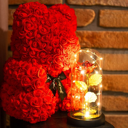 Wieczna róża w kloszu 22 cm świecąca ozdoba LED prezent czerwona