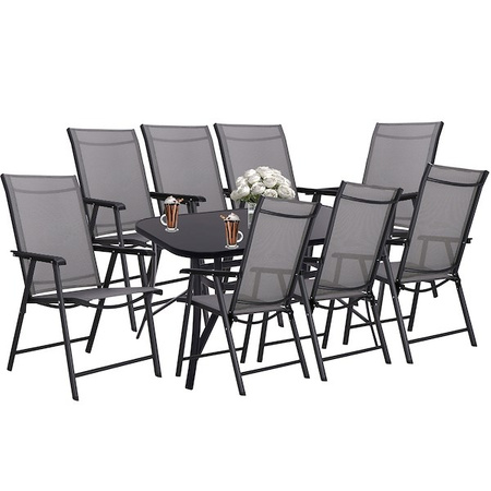  Zestaw mebli ogrodowych stół ze szkłem hartowanym, 8 krzeseł komplet na taras szaro-czarny