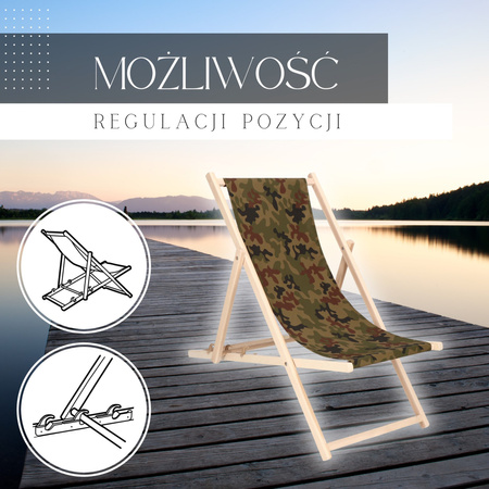 Leżak plażowy składany, drewniany z materiałem moro