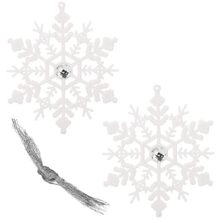 Zawieszki choinkowe 12 cm, biały brokat 2 sztuki, śnieżynki brokatowe