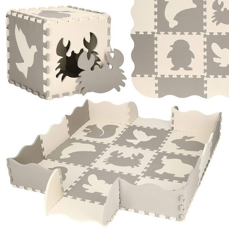 Mata piankowa 120x120 cm zwierzątka puzzle dla dzieci pianka EVA szaro-beżowa