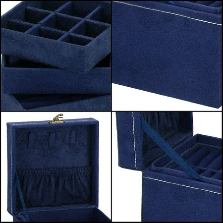 Szkatułka na biżuterię 12x12x12 cm granatowy kuferek z przegródkami welurowy