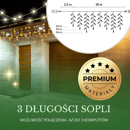 Kurtyna świetlna 500 led girlanda, lampki wewnętrzno-zewnętrzne sople ciepły biały