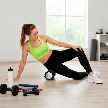 Roller fitness do masażu ciała, średnio twardy, wałek z wypustkami, czarny