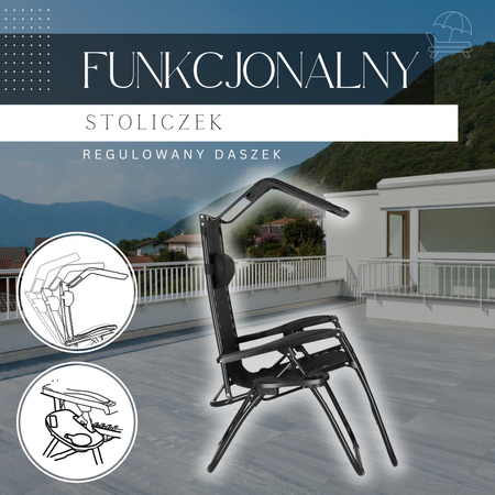 Leżak ogrodowy grawitacyjny z daszkiem czarny zestaw 2 szt.
