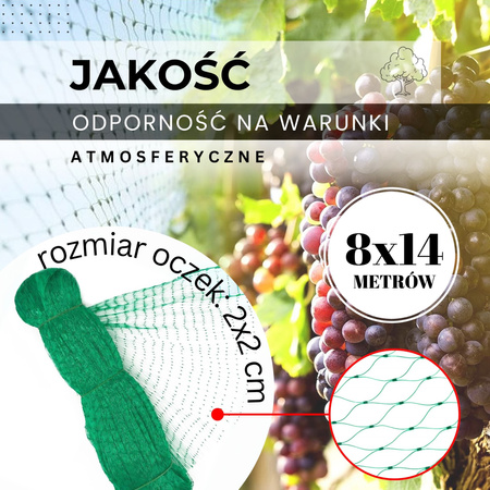 Siatka przeciw ptakom na drzewy i krzewa 8x14m z kotwami mocującymi 14 szt. zielona