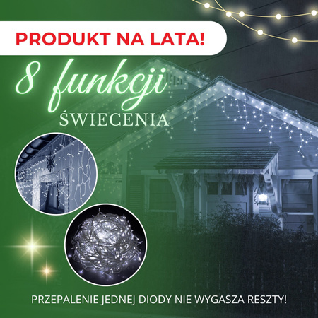 Kurtyna świetlna z pilotem 14,5 m girlanda 300 led lampki wewnętrzno-zewnętrzne sople zimny biały