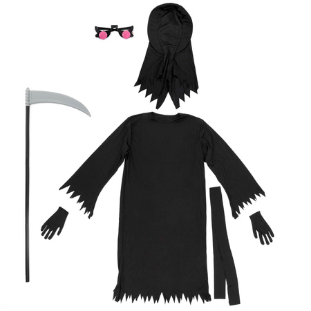 Kostium śmierci na Halloween 146-152 cm peleryna, kosa, okulary LED kostium żniwiarza, strój kostuchy