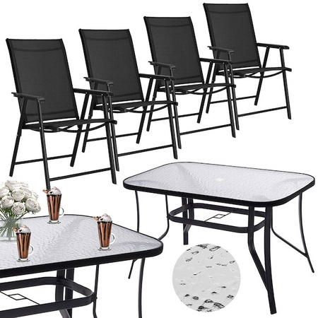 Meble ogrodowe, komplet na balkon dla 4 osób: metalowe 4 krzesła i stół z szkła hartowanego czarny