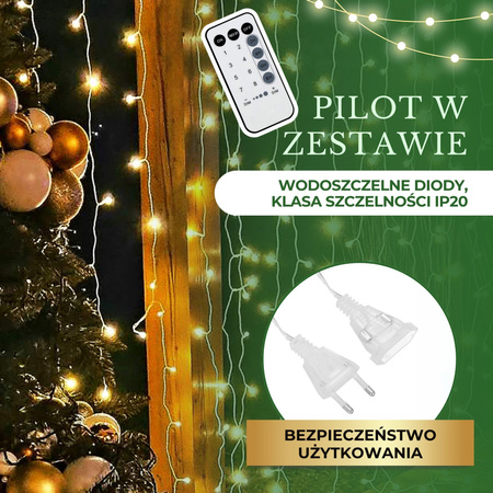 Kurtyna świetlna 300 led lampki choinkowe sople biały ciepły