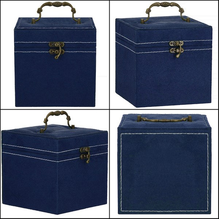 Szkatułka na biżuterię 12x12x12 cm granatowy kuferek z przegródkami welurowy