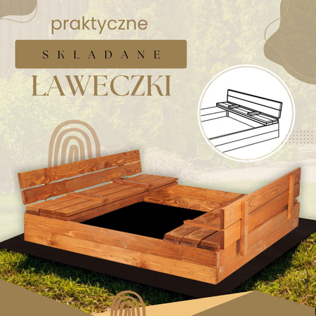 Piaskownica drewniana zamykana 150x150 cm impregnowana z ławkami, plandeką i podłożem