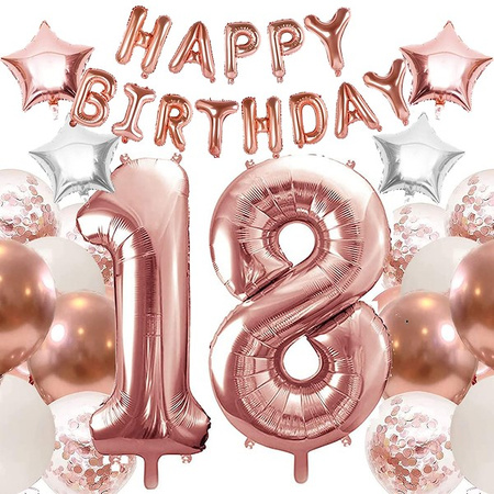 Balony na 18 urodziny zestaw 53 szt. osiemnastka napis happy birthday rosegold