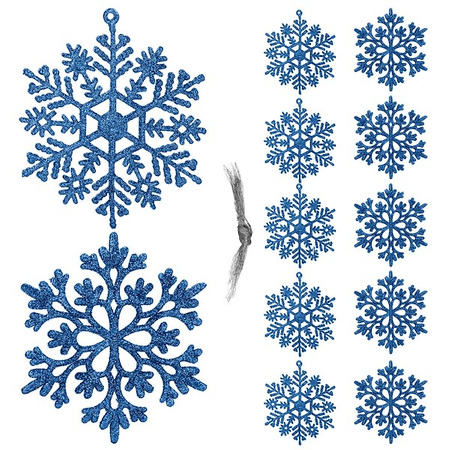 Zawieszki choinkowe 10 cm, niebieskie śnieżynki brokatowe, 12 sztuk