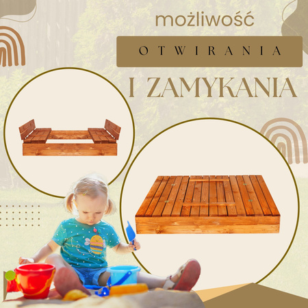 Piaskownica drewniana zamykana 150x150 cm impregnowana z ławkami, plandeką i podłożem