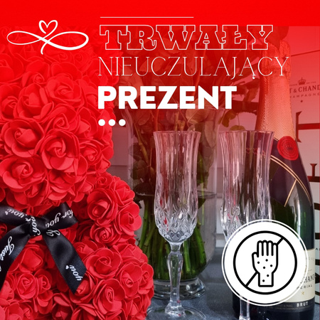 Miś z róż 22 cm czerwony z czarną kokardką i pudełkiem miś różany LED zimny biały