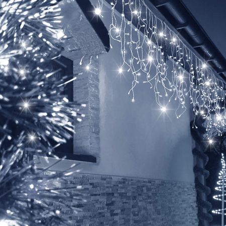 Kurtyna świetlna 300 led girlanda, lampki wewnętrzno-zewnętrzne 15,5 m sople biały zimny + flash