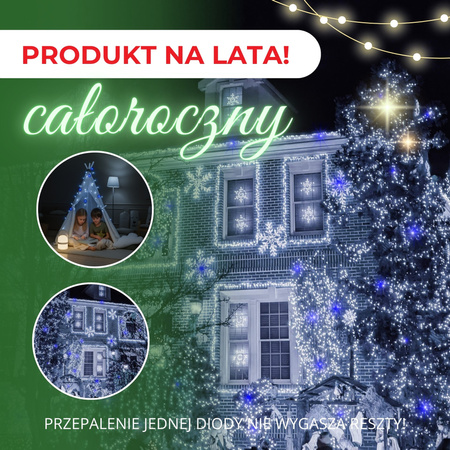 Lampki choinkowe 25,5m zimny biały, flash niebieski 300 led oświetlenie świąteczne IP44