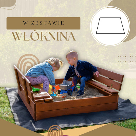 Piaskownica zamykana 100x100 cm drewno impregnowane z ławeczkami, włókniną i plandeką, brązowa