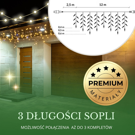 Kurtyna świetlna 300 led girlanda, lampki wewnętrzno-zewnętrzne sople biały ciepły + flash