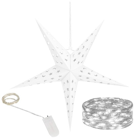 Gwiazda papierowa świąteczna biała 3D 25 cm i lampki choinkowe 10 led zimny biały
