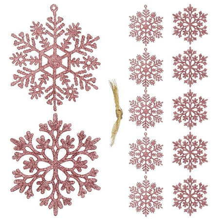 Zawieszki choinkowe 10 cm, różowe śnieżynki brokatowe, 12 sztuk