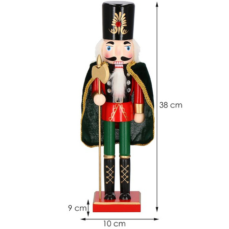 Dziadek do orzechów 38 cm z peleryną, ozdoba świąteczna, figurka drewniany żołnierzyk czerwono-czarny