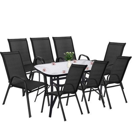 Meble ogrodowe metalowe komplet dla 8 osób stół ze szkłem hartowanym 8 krzeseł czarne