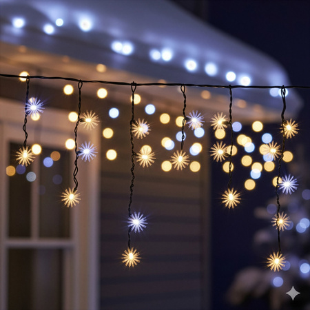 Kurtyna świetlna, sople PRO 500 Led lampki zewnętrzne 25 m ciepły biały + zimny biały flash