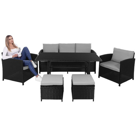 Meble ogrodowe technorattanowe komplet sofa, fotele, pufy i stolik ze szklanym blatem czarno-szary