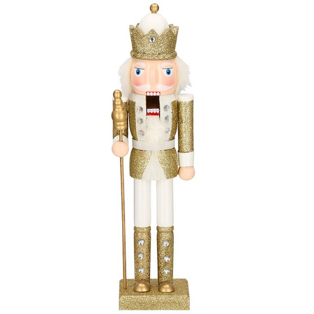 Dziadek do orzechów 38 cm z berłem, ozdoba świąteczna, figurka drewniany żołnierzyk brokatowo złoty