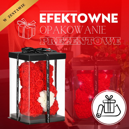 Miś z róż 22 cm czerwony z białym sercem miś różany z pudełkiem