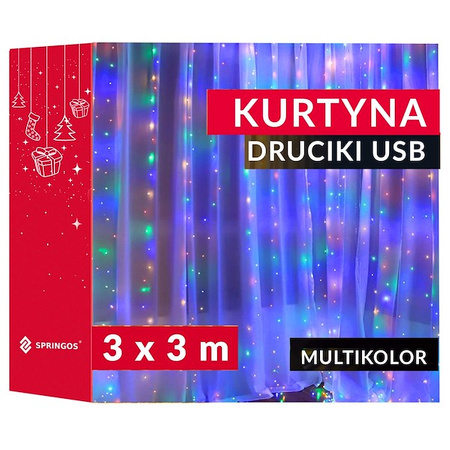 Kurtyna świetlna girlanda, lampki druciki 300 LED wewnętrzno-zewnętrzne z programatorem multikolor