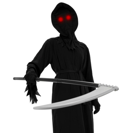 Kostium śmierci na Halloween 146-152 cm peleryna, kosa, okulary LED kostium żniwiarza, strój kostuchy